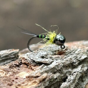 May include: A macro shot of a fishing fly. It features a dark grey bead head, a black body with green bands, and a cluster of light green fibres. The fly is set against a blurred natural backdrop.