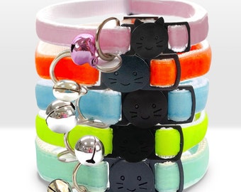 Velvet Cat Collar with Bell and Breakaway Quick Release Safety Buckle. Available in Cat & Kitten Size. 30 Different Colours to Choose From.