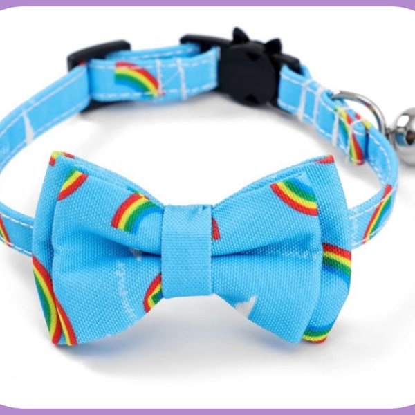 Rainbow Print Luxury Cat Collars with Bow tie. Includes Bell and Breakaway Quick Release Safety Buckle. Luxury Pet Collars.