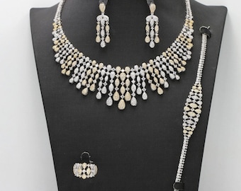 Gold/Silver Cubic Zirconia Bridal Necklace, Wedding Crystal Necklace Jewelry, Wedding Day Jewelry Set,Statement Necklace, Bride Jewelry Gift