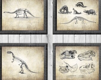 Dinosaur Skeleton Art Prints: Tyrannosaurus Rex, Triceratops (Set of 4) (Digital Download)