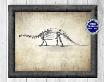 Vintage Brontosaurus Skeleton Drawing: Dinosaur Art Print (Digital Download)