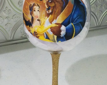 Beauty and the Beast wine glass, belle wine glass, hand painted wine glass