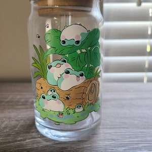 Kawaii Frog Glass Cup, Iced Coffee Cup, Happy Frog Cup, Frog Lover Cup, Beer Can Glass, Hand Painted Glass Can, Cute Frog Libbey Glass