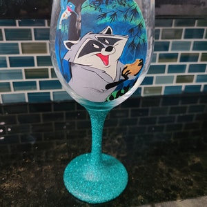 Meeko and Flit wine glass, pocahontas wine glass, disney wine glass, hand painted wine glass