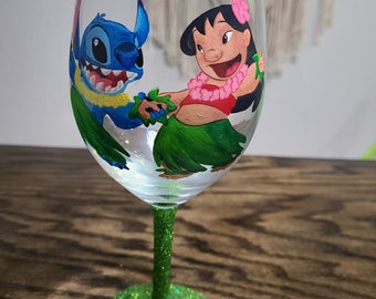Lilo and Stitch painted wine glass, Disney painted wine glass