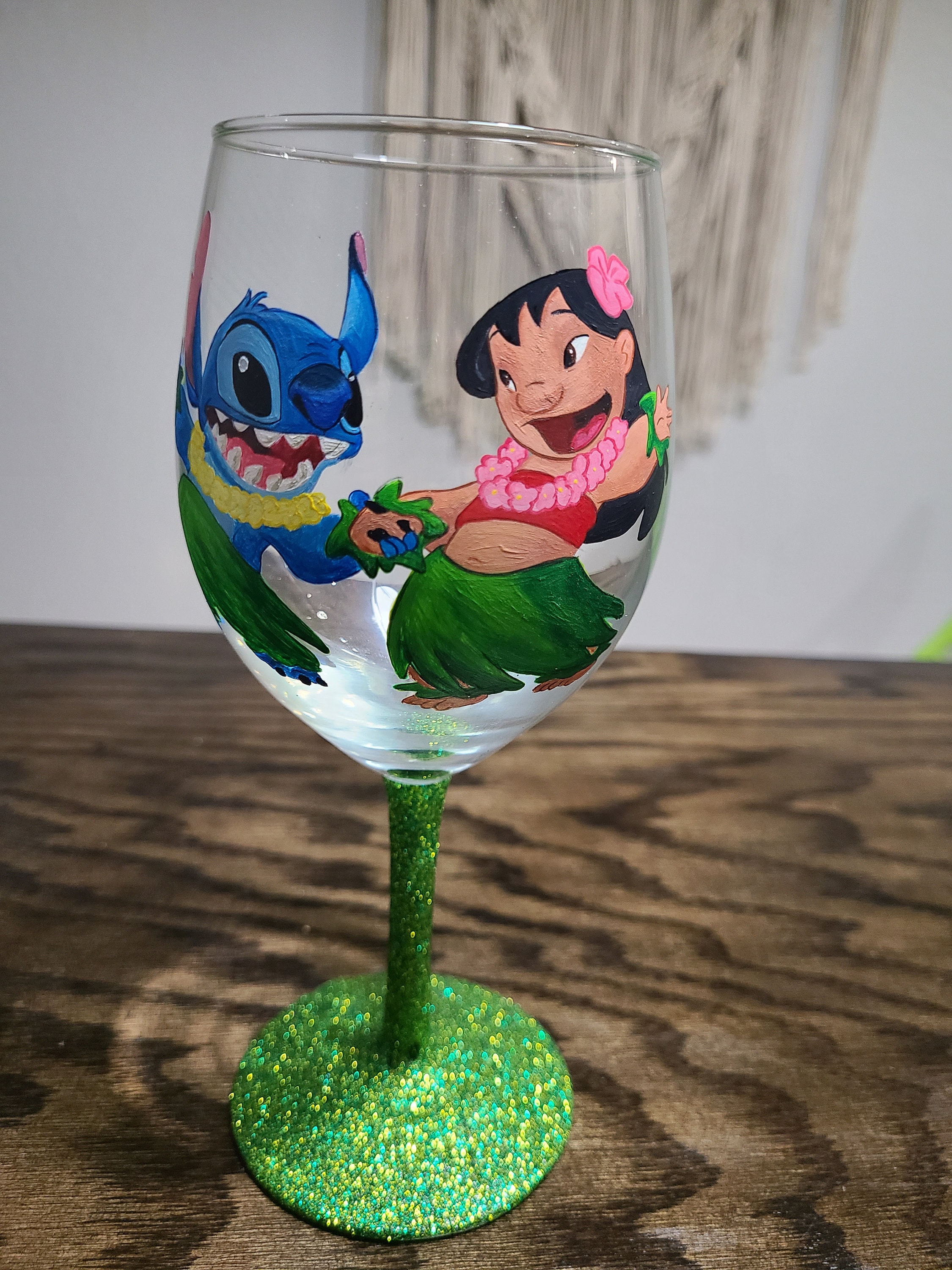 Lilo and Stitch painted wine glass, Disney painted wine glass