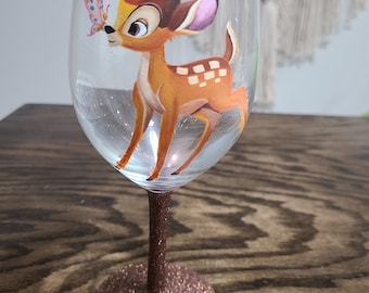 Bambi painted wine glass, Disney painted wine glass, painted wine glass