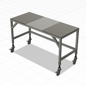 May include: A gray metal table with a rectangular top and four adjustable legs. The table has wheels and is made of metal.