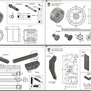 May include: Technical drawings of a belt-driven scroll saw, including the tracking pulley, drive wheel, attachment arm, and flat platen frame. The drawings include detailed dimensions in inches.