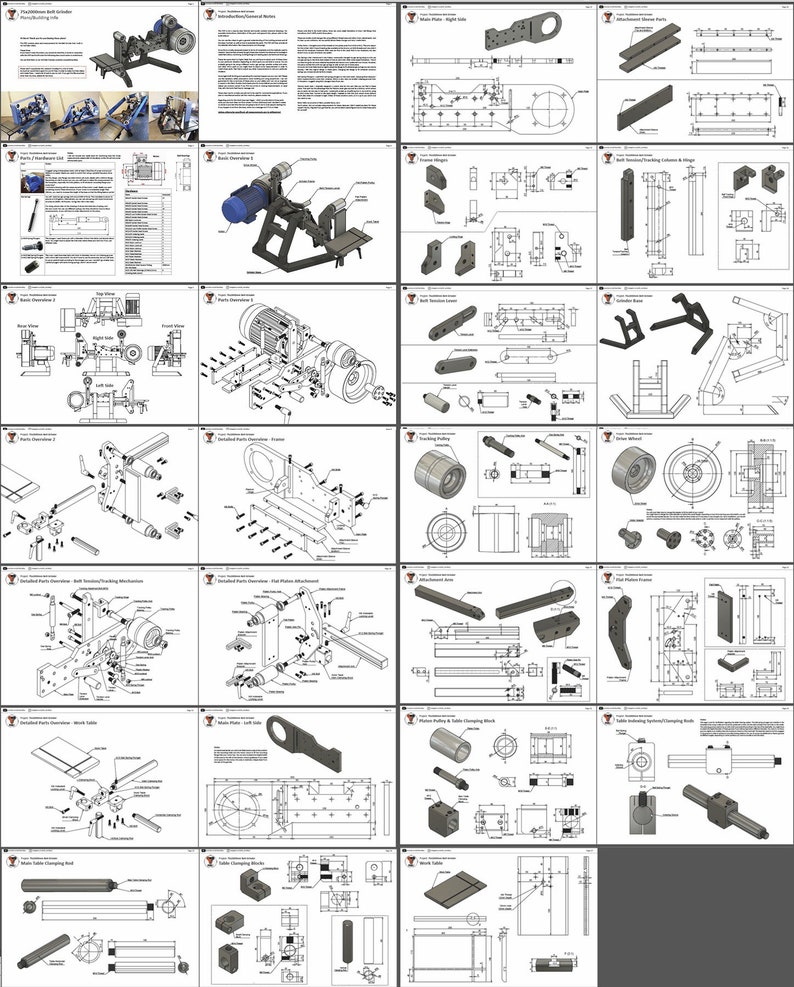 May include: Detailed technical drawings for building a belt sander. The drawings include dimensions and instructions for each part of the sander, including the base, motor mount, belt tracking mechanism, platen adjustment, work table, table clamping rod, and table clamping work.
