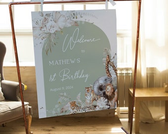 Jungle welcome sign template, first birthday welcome sign safari, wild one welcome sign, boho safari sign, boys animal welcome sign P48