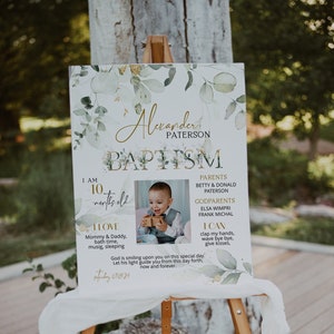 Greenery baptism milestone template, boy baptism chalkboard sign, first communion chalkboard, christening milestone poster with photo P52
