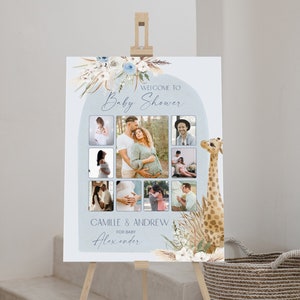 Blue boho photo welcome baby shower, boy baby shower photo collage, giraffe baby shower poster, pregnancy photo collage parents template P82