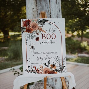 Halloween baby shower welcome sign template, gender neutral halloween welcome, little boo baby shower sign, spooky fall welcome sign P149 image 1