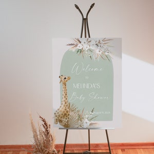 Sage green giraffe baby shower welcome sign, boho baby shower, pampas grass baby sign, boho reception sign template, baby shower poster, P82