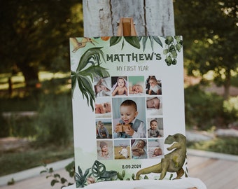 Dinosaur 12 month photo poster, my first year sign, boy baby 1st birthday photo collage, first year photo collage T-Rex dino party P91