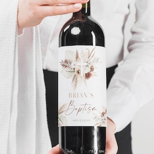 Pampas grass wine labels template, elegant baptism wine labels, printable christening bottle labels, editable boho communion wine label, P66