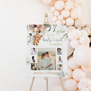 Greenery bear baby shower pregnancy photo collage, welcome gender neutral baby shower photo poster, baby shower bear party sign template P52