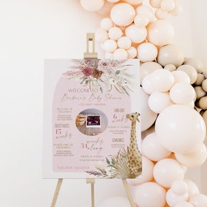Pink boho giraffe baby shower board, pregnancy milestones poster template, editable pregnancy board, girl baby shower decorations, P82
