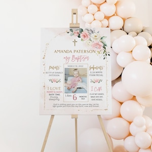 Christening board milestone poster with photo, pink baptism milestone template, girl baptism chalkboard sign, first communion poster  P169