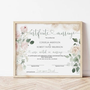 Blush pink wedding certificate, certificate of marriage template, marriage certificate, green wedding certificate boho wedding keepsake P106