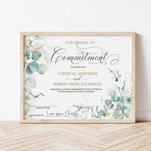 Eucalyptus commitment certificate template, editable certificate of commitment, modern certificate of marriage printable commitment ceremony