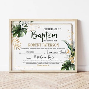 Editable greenery baptism certificate template, custom certificate of baptism printable, christening certificate, baby baptism gift, P207