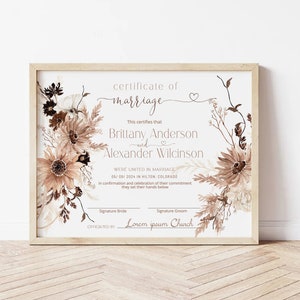 Boho beige certificate of marriage template, editable wedding day certificate, commitment ceremony, pampas certificate marriage, P155