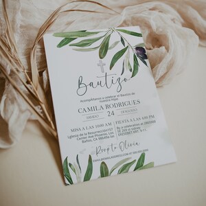 Invitaciones de bautizo, spanish baptism invitation, greenery olive bautizo invite, mi bautizo invitation, editable christening invite, P226