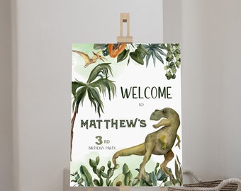 Dinosaur birthday party welcome sign, T-Rex dino party board template, editable three rex welcome sign, dinosaur party sign decorations P91