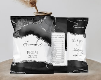 Black silver prom party favors, prom chip bag template, graduation wrappers, prom send off chip bag, graduation black silver prom 2023 P124