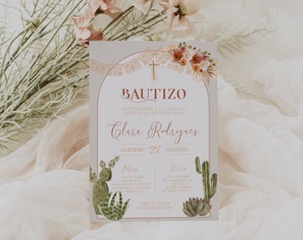 Mi bautizo invitation, spanish baptism invitation, invitaciones de bautizo digitales, pampas grasses bautizo, editable religious invite P198
