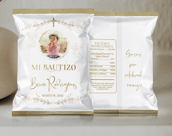 Spanish christening chip bag printable, mi bautizo chip bag gold EDITABLE, boho chip bag bautizo, baptism chip bag wrappers photo, B6