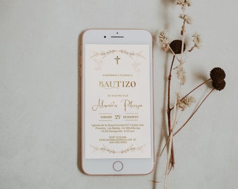Electronic angel invitaciones de bautizo, gold invitacion de bautizo template, smart phone baptism invitation in spanish gold elegant B6