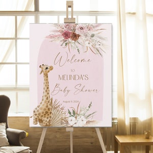 Giraffe boho girl baby shower welcome sign, boho baby shower, pampas grass sign, reception sign template, baby shower welcome poster P82