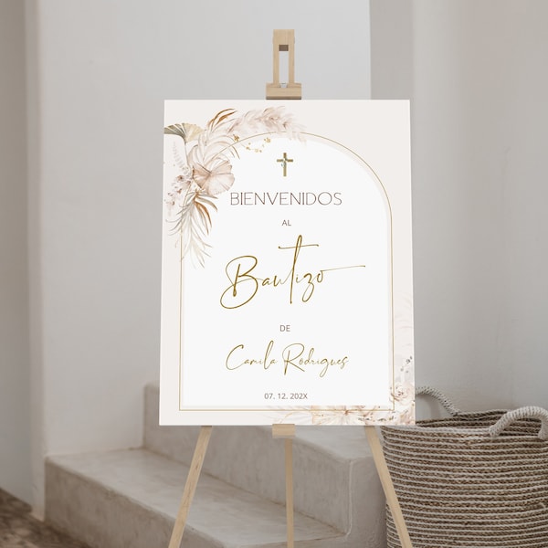 Pampas grasses bautizo welcome sign template, bienvenidos a bautizo sign religious welcome sign, spanish welcome sign first communion B19