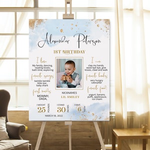 Blue gold milestone birthday poster, editable welcome sign template, 1st birthday milestone poster, boy first birthday party board B2b