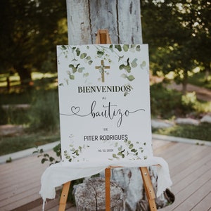 Bienvenidos a bautizo welcome sign, greenery eucalyptus bautizo welcome sign template, spanish welcome sign, first communion welcome, P57