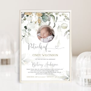 German baptisms, greenery patenbrief personalizedб sponsorship letter with photo, patentante baptism, sponsorship certificate template P52