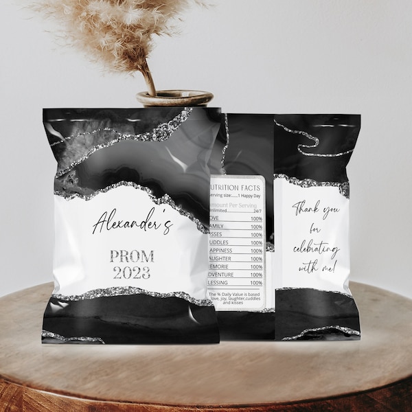 Black silver prom party favors, prom chip bag template, graduation wrappers, prom send off chip bag, graduation black silver prom 2023 P124