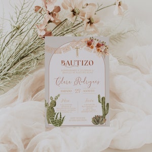 Mi bautizo invitation, spanish baptism invitation, invitaciones de bautizo digitales, pampas grasses bautizo, editable religious invite P198
