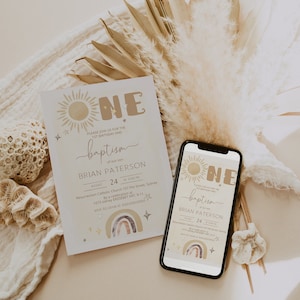 Boho sunshine baptism & 1st birthday invitation template, christening invitation, boho watercolor invite, gender neutral baptism invite P152