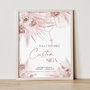 Pink boho floral baptism custom sign template, christening custom sign, editable custom sign, first communion, printable baptism sign, P64
