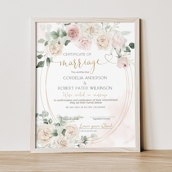 Editable marriage certificate keepsake, printable wedding certificate template, boho wedding certificate, marriage ceremony certificate P106