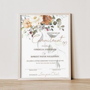 Boho commitment certificate template, editable marriage certificate keepsake, rust wedding certificate, commitment ceremony certificate P62