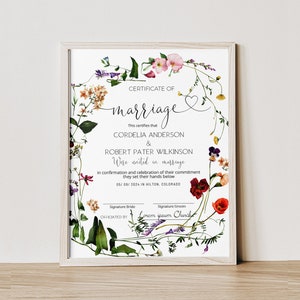 Editable wildflower wedding certificate template, wildflower marriage certificate keepsake, wildflower certificate of marriage gift P25
