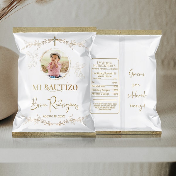 Spanish christening chip bag printable, mi bautizo chip bag gold EDITABLE, boho chip bag bautizo, baptism chip bag wrappers photo, B6