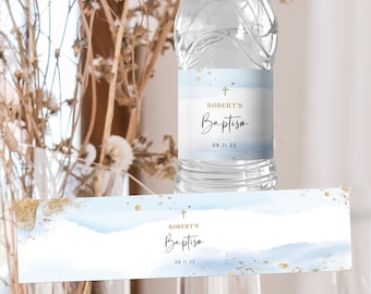 Boy baptism bottle label, christening water label, printable water bottle sticker, communion water label, blue gold baptism water label B2b