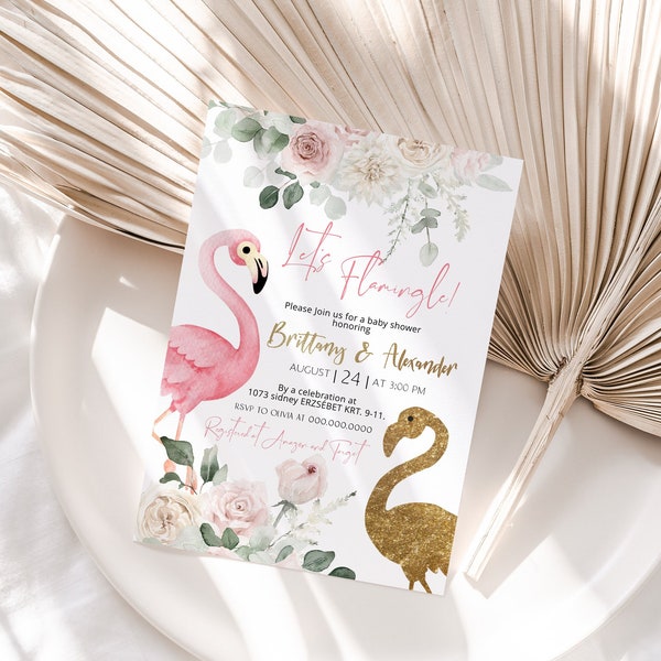 let's flamingle baby shower invite, flamingo baby shower invitation template, flamingo party invitation, tropical baby shower invite,  P108